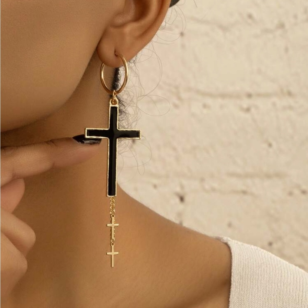 Gold and Black Cross Chandelier Earrings, Gold and Black Cross Earrings